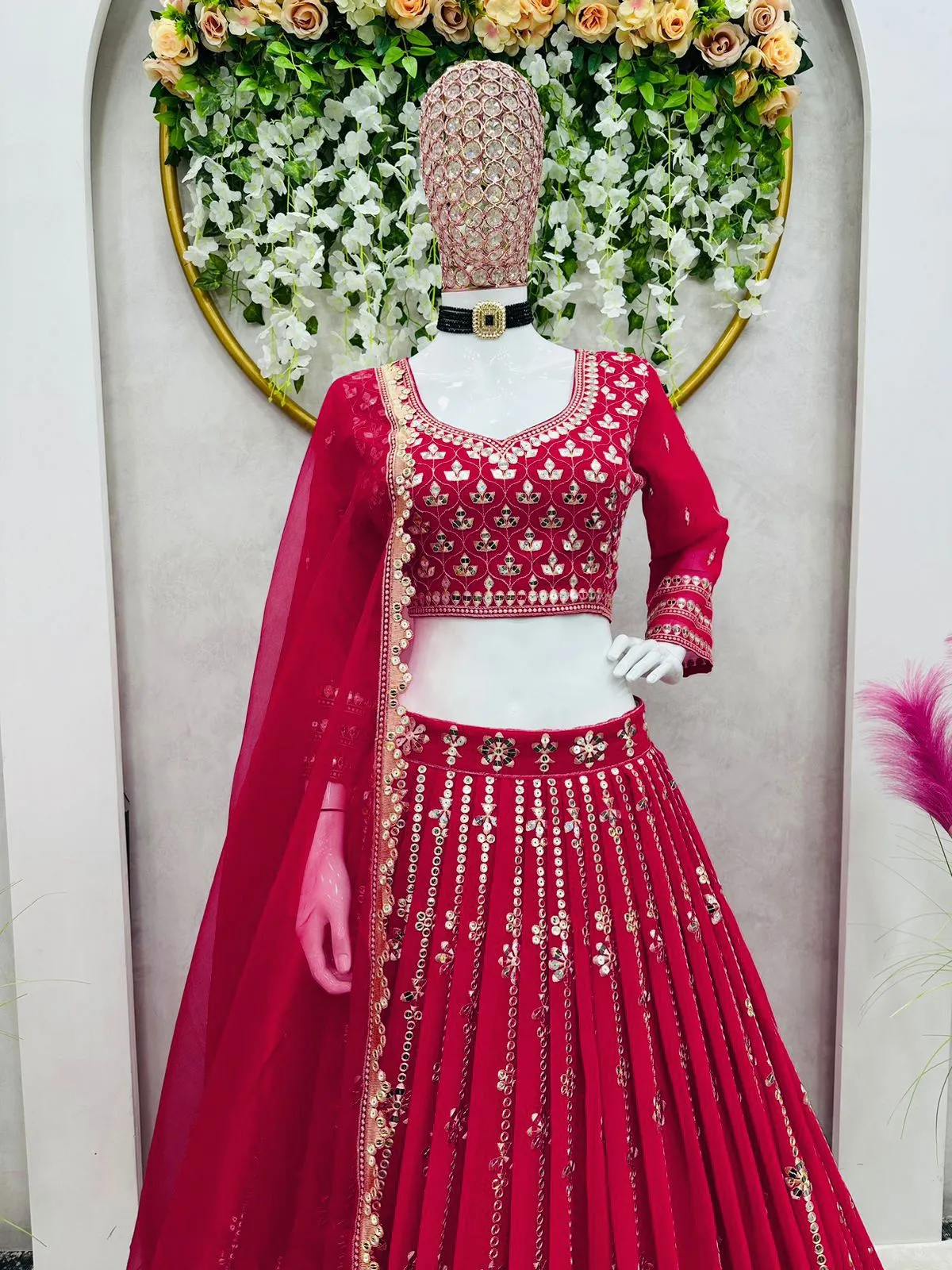 Beautiful Women Party wear 9mm Sequence Red Lehenga choli with Dupatta Suit 